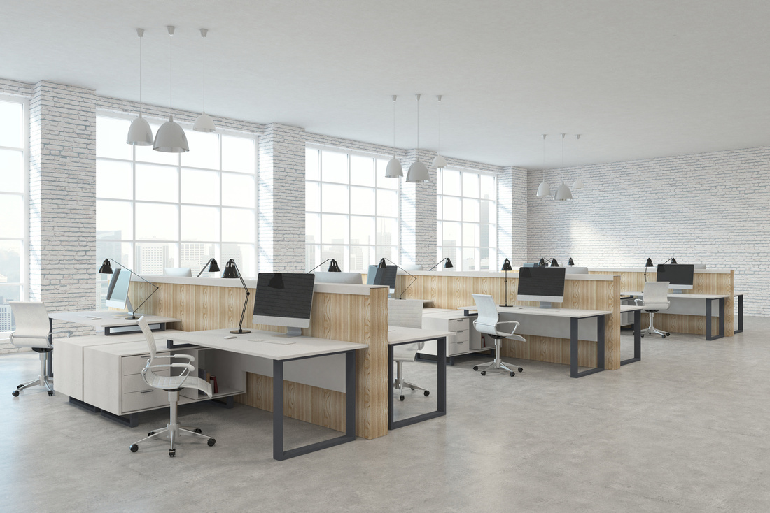 Modern white brick coworking office interior with furniture, equipment and city view with sunlight. 3D Rendering Modern coworking office